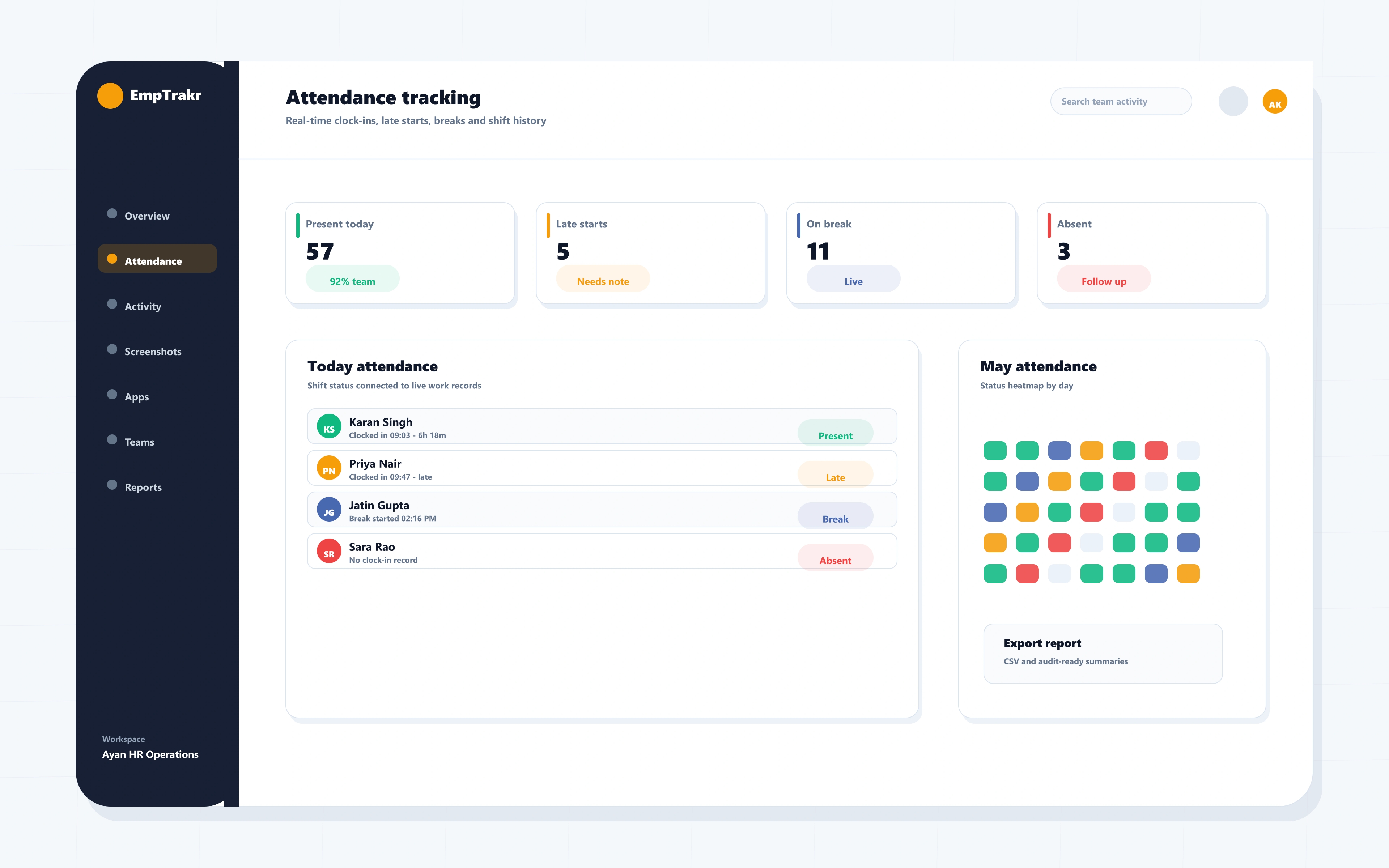 EmpTrakr attendance tracking and employee shift history dashboard