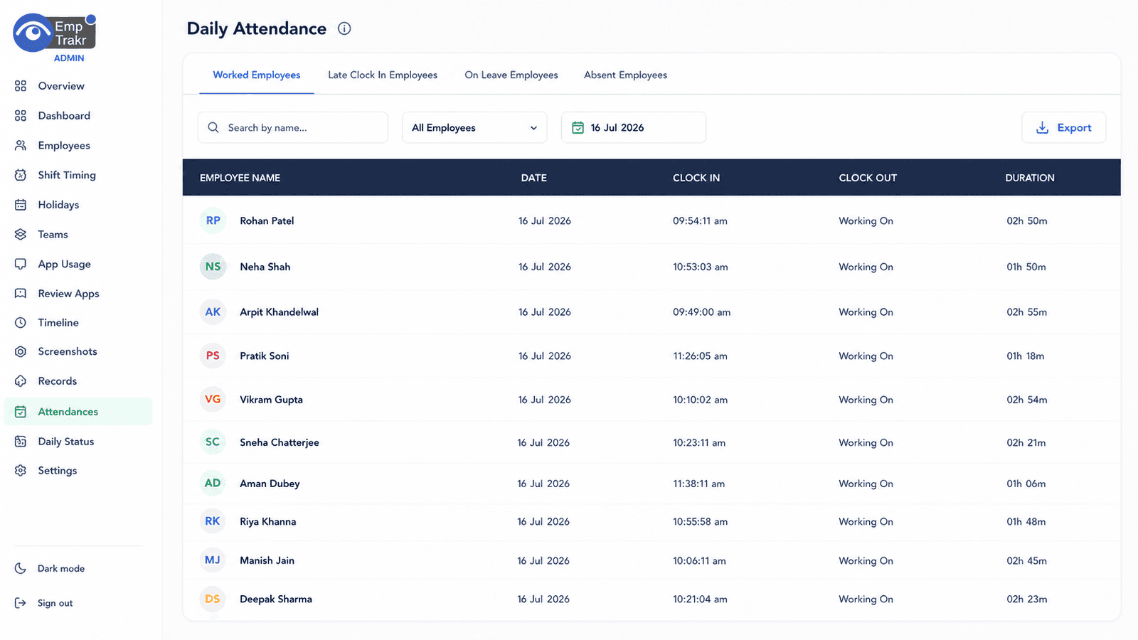 EmpTrakr attendance tracking and employee shift history dashboard