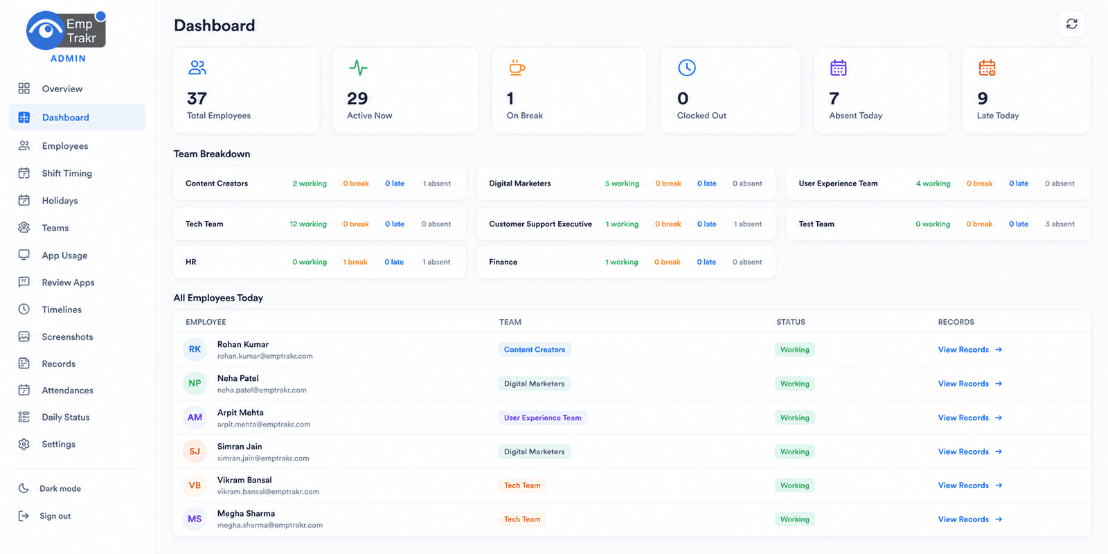 EmpTrakr work time tracking settings for breaks, idle time and clock-in rules