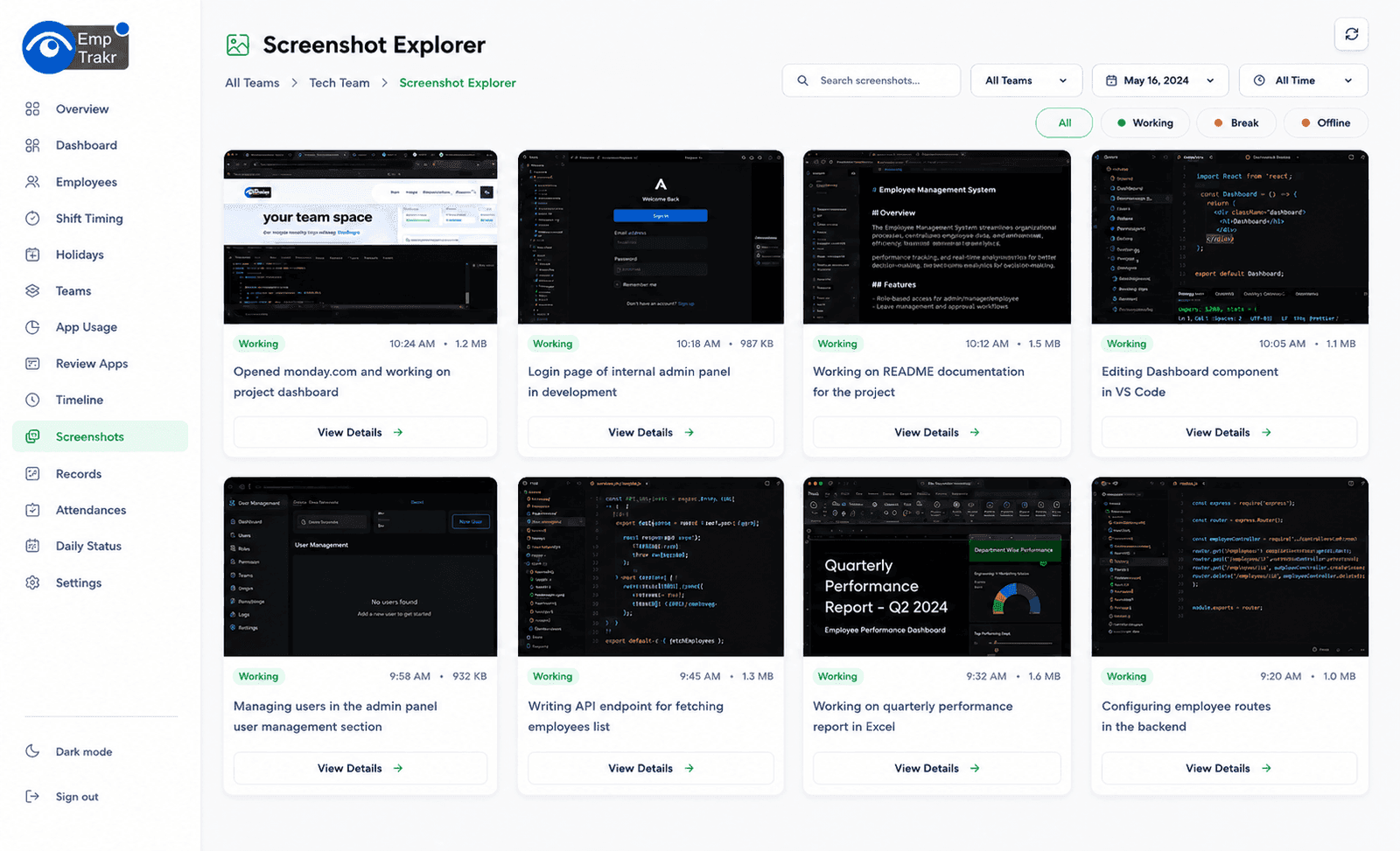 EmpTrakr screenshot storage and screenshot interval settings